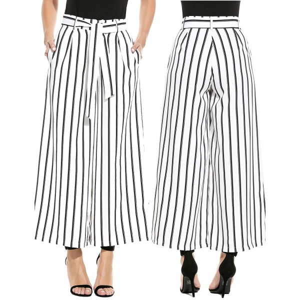 Women's Fashion Strip Flowy Wide Leg High Waist Pants With Belt - White ...