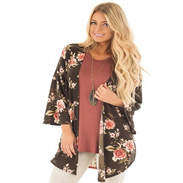 Women's 3 4 Sleeve Casual Floral Cardigan Open Draped Front Kimono Tops ...