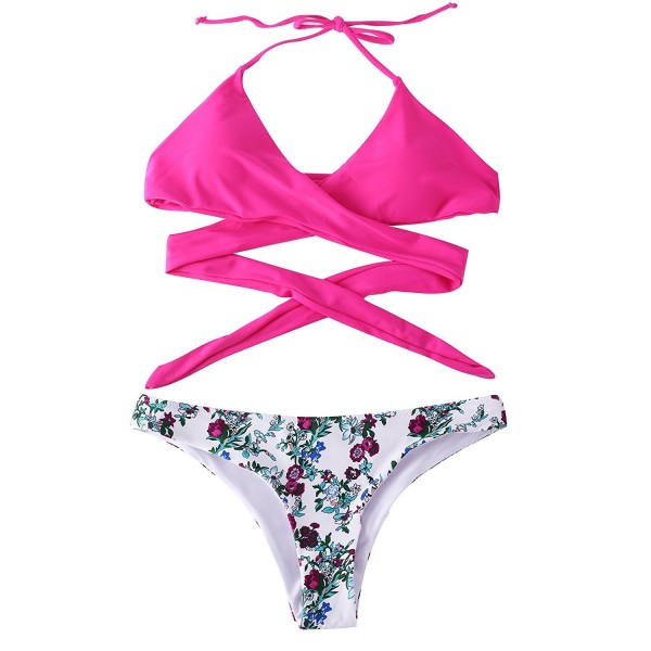 Bikini Swimsuit For Women Floral Halter Wrap Knotted Back Bikini Set ...