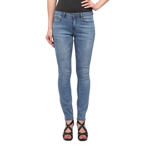 Women's Distressed Plain Blue Mid-Rise Skinny Jeans (Iris) - CT182XK8IT0