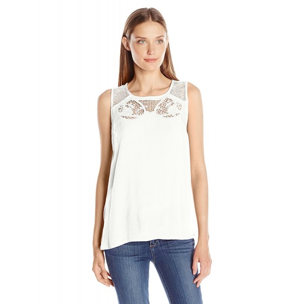 Women's Crinkled Rayon Button Backed Woven Tank With Applique and Lace ...