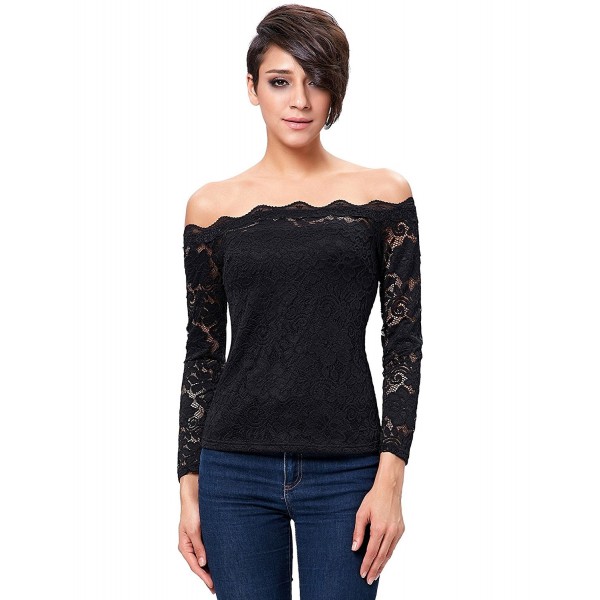 Women's Off Shoulder Floral Lace Top Crochet T-shirt - Black - C517XMMYNG5