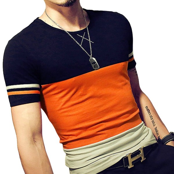 Mens Cotton Fitted Short-Sleeve Contrast Color Stitching T-Shirt ...