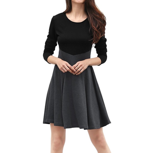 Women's Long Sleeves Contrast Color Above Knee A Line Party Dress ...