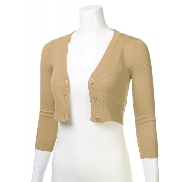 Women Solid Button Down 3/4 Sleeve Cropped Bolero Cardigan Sweater (S-4X) -  Fsw010_taupe - CB184HG8N3A