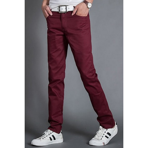 Men's Cotton Solid Print Casual Wear Pants - Wine Red - C2124AV8KAL