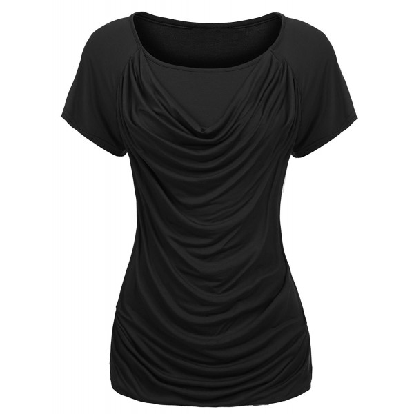 Women Cowl Neck Short Sleeve Draped Solid Slim Fit Casual T-Shirt Tops ...