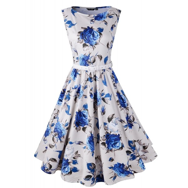 Hepburn Style 1950s Floral Rose Pattern Swing Circle Party Dress - Blue ...