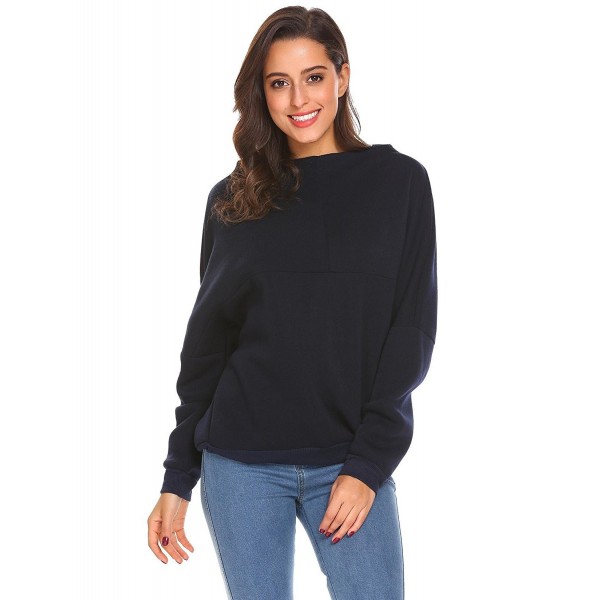 Women's Turtleneck Baggy Sleeves Fleece Sweatshirt Pullover Tops - Navy ...