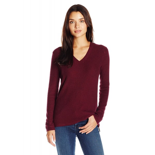 Women's V Neck Two-Fer Sweater with Lace Trim and Zipper Back - Plum ...