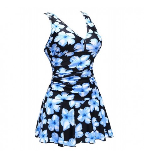 Plus Size Swimsuit Swimdress - Floral Blue - C91802H7WL5
