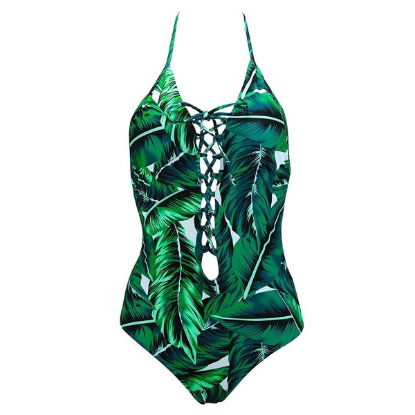 Tropical Leaf Lace Up Swimsuit- Sexy Women Deep V-Neck One-Piece ...