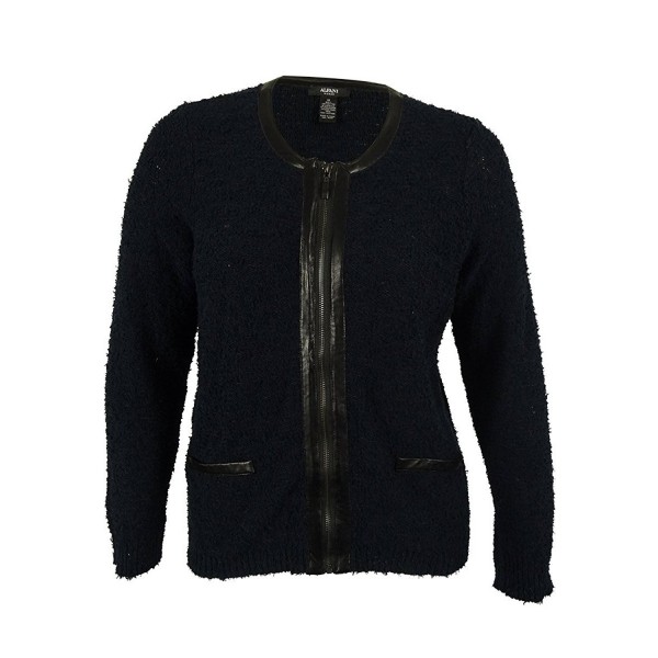 Women's Faux Leather Trim Zip-Front Boucle Jacket - Navy/Black ...