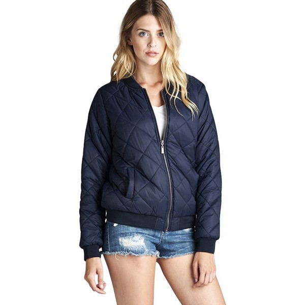Women's Quilted Padded Stand Up Collar Ribbed Bomber Jacket - Navy ...