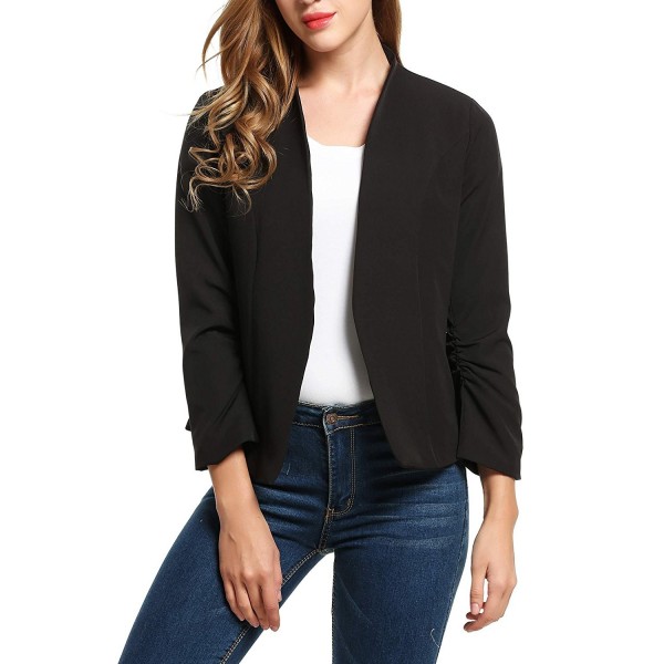 Women Casual Thin Open Front Blazer Basic Work Ruched Sleeve Crop ...