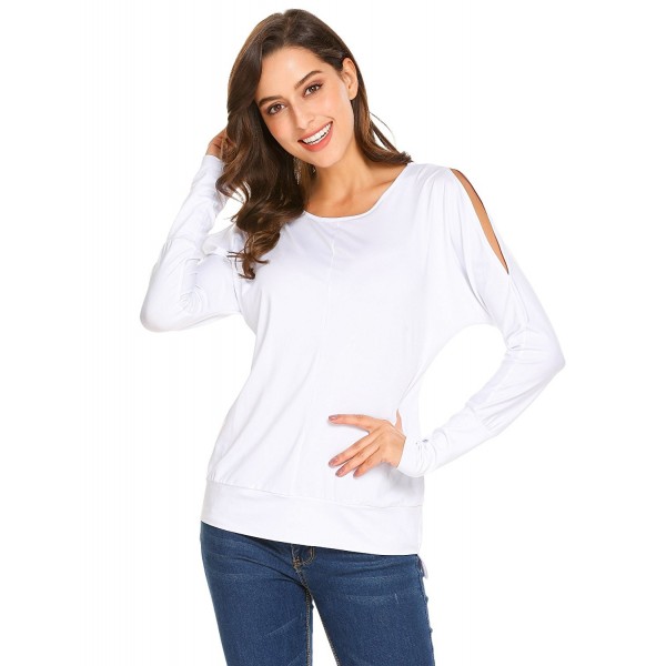 Women's Casual Long Sleeve Top Cold Shoulder Round Neck Shirt - White ...