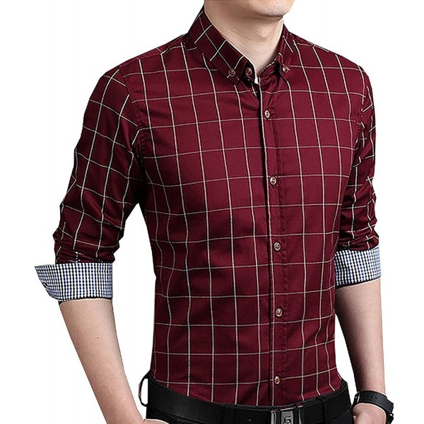 Men's Slim Fit Long Sleeve Plaid Button Down Dress Shirt - Wine Red ...