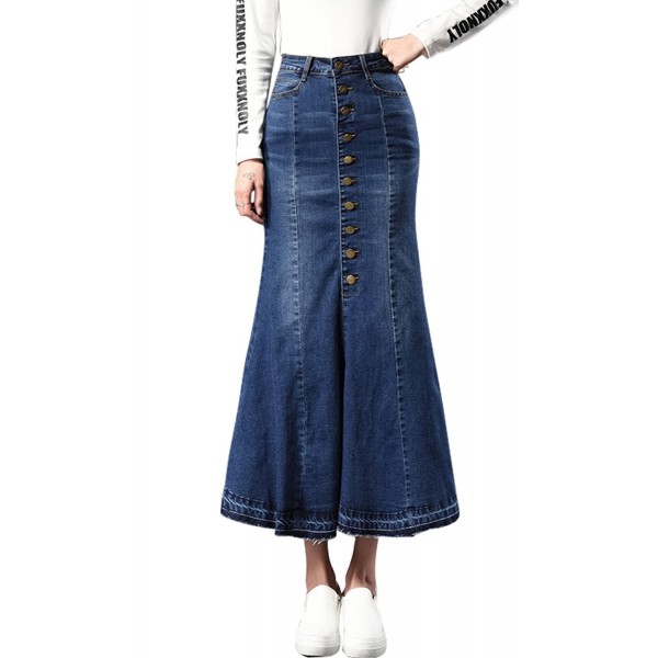 Women's Casual Stretch High Waisted Front Button Long Denim Mermaid ...