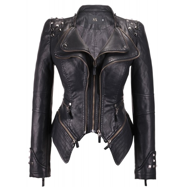 Women's Fashion Studded Perfectly Shaping Faux Leather Biker Jacket ...