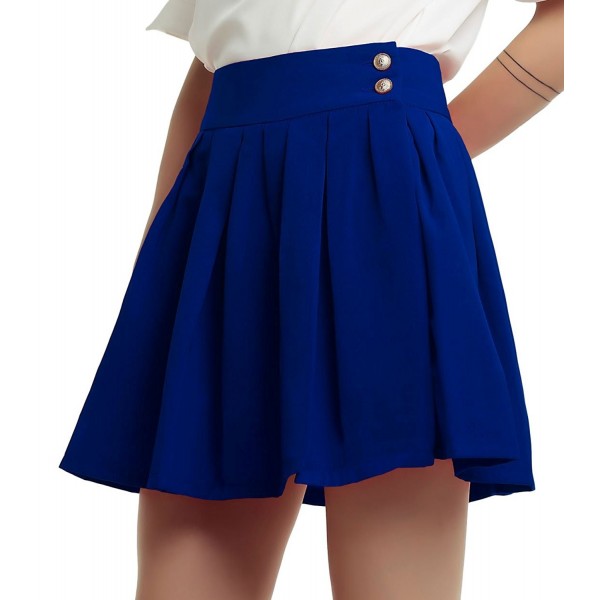 Women's Double Waist Side Buttons Pleated Skirt - Blue - CY12ELK97KP