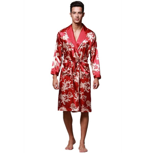 Mens Premium Satin Robe Shawl Collar Kimono Dragon Print Satin Robe ...