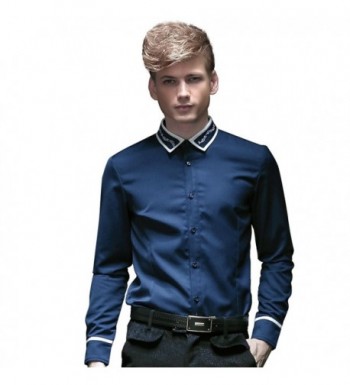 Men Blue Shirt White Collar Slim Fit Long Sleeve Embroidery Casual ...