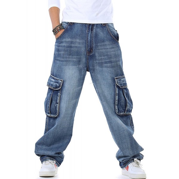 Men's Casual Loose Hip Hop Denim Work Pants Jeans With Cargo Pockets ...