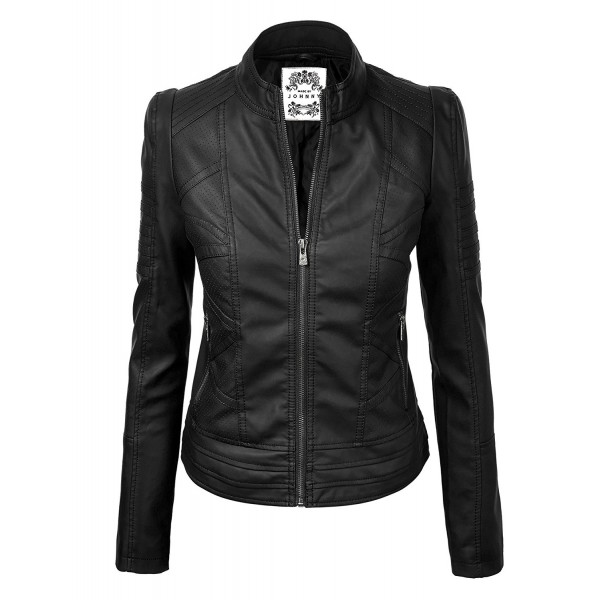 MBJ Womens Faux Leather Zip Up Moto Biker Jacket With Stitching DetaiL ...